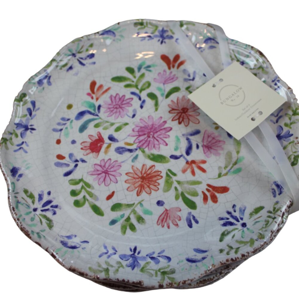 Bungalow No 10 Flower Rustic Dinner Plate Set 4 Scalloped Melamine Blue Red NWT - Picture 1 of 7